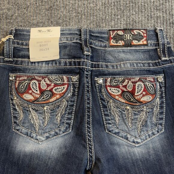 Miss Me Womens 26 X 34 Paisley Dreaming Mid Rise Bootcut Stretch Jeans Dark Wash - Picture 12 of 16